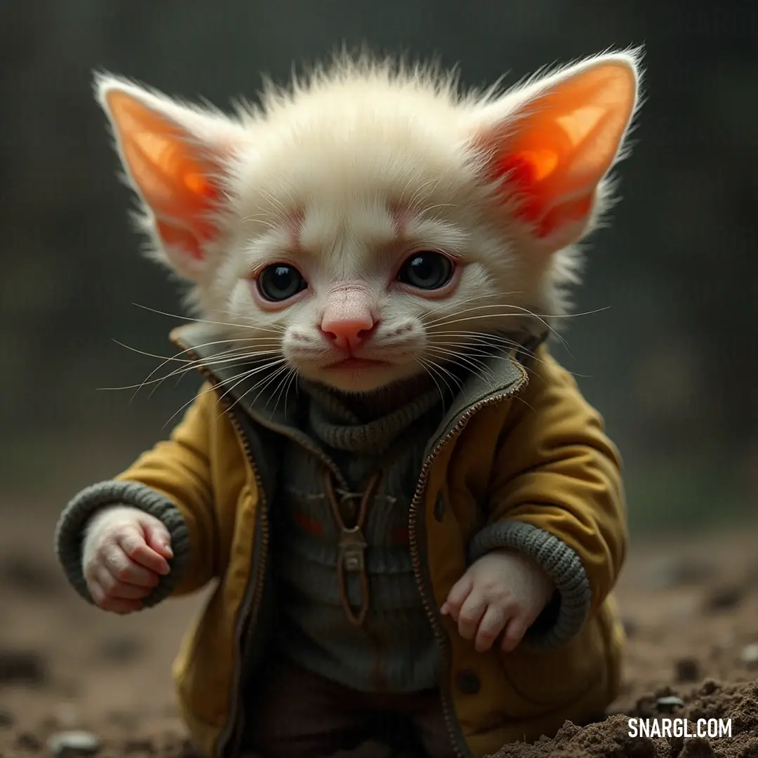 A playful kitten, dressed in a fashionable jacket, strikes a pose on dirt, capturing hearts with its adorable stare. A small, fluffy kitten adorned in a stylish jacket stands confidently on a patch of dirt. Its curious gaze is directed at the camera, inviting you into its charming world filled with playful adventures.