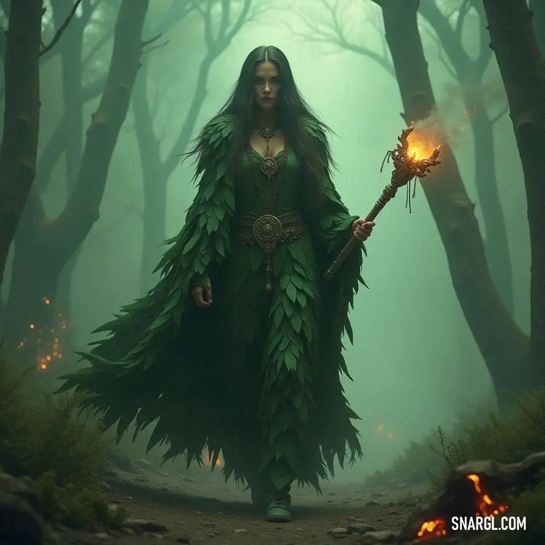 Moiraine Damodred, in a flowing green costume, stands in a forest, the fire in her hand casting an intense glow amidst the trees and rocks. Moiraine Damodred, dressed in a flowing green costume, stands in a forest, holding a fiery ball in one hand. The forest floor is scattered with rocks and leaves, while the flickering flames light up her surroundings.