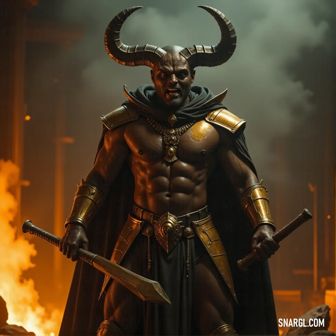 A warrior in a horned costume, gripping two swords, ready to take on any adversary. Their commanding stance and powerful presence tell the story of a fearless leader. A towering figure dressed in a horned costume, their fierce gaze locked ahead. With two swords in hand, they exude a sense of battle readiness and dominance, prepared to face any challenge that stands in their way.