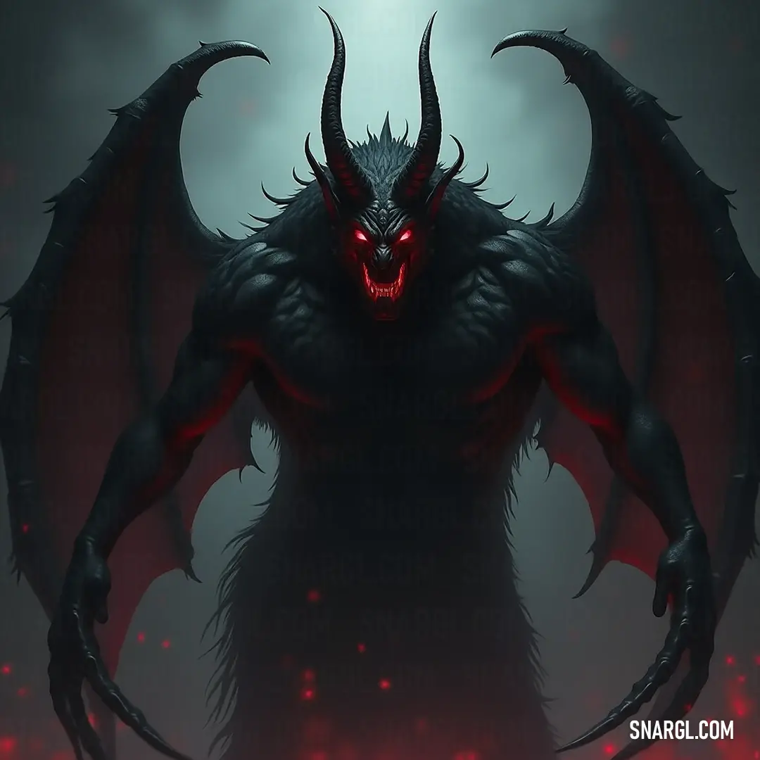 Moloch, the Sinister Demon with Red Eyes and Menacing Features A fierce, demonic creature known as Moloch, characterized by piercing red eyes, an imposing black body, majestic horns, and menacing fangs that reflect its sinister nature.