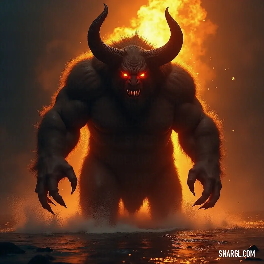 A hauntingly beautiful Moloch with glowing eyes and majestic horns, standing in dark waters at night, surrounded by an ethereal yellow glow that creates an otherworldly vision.