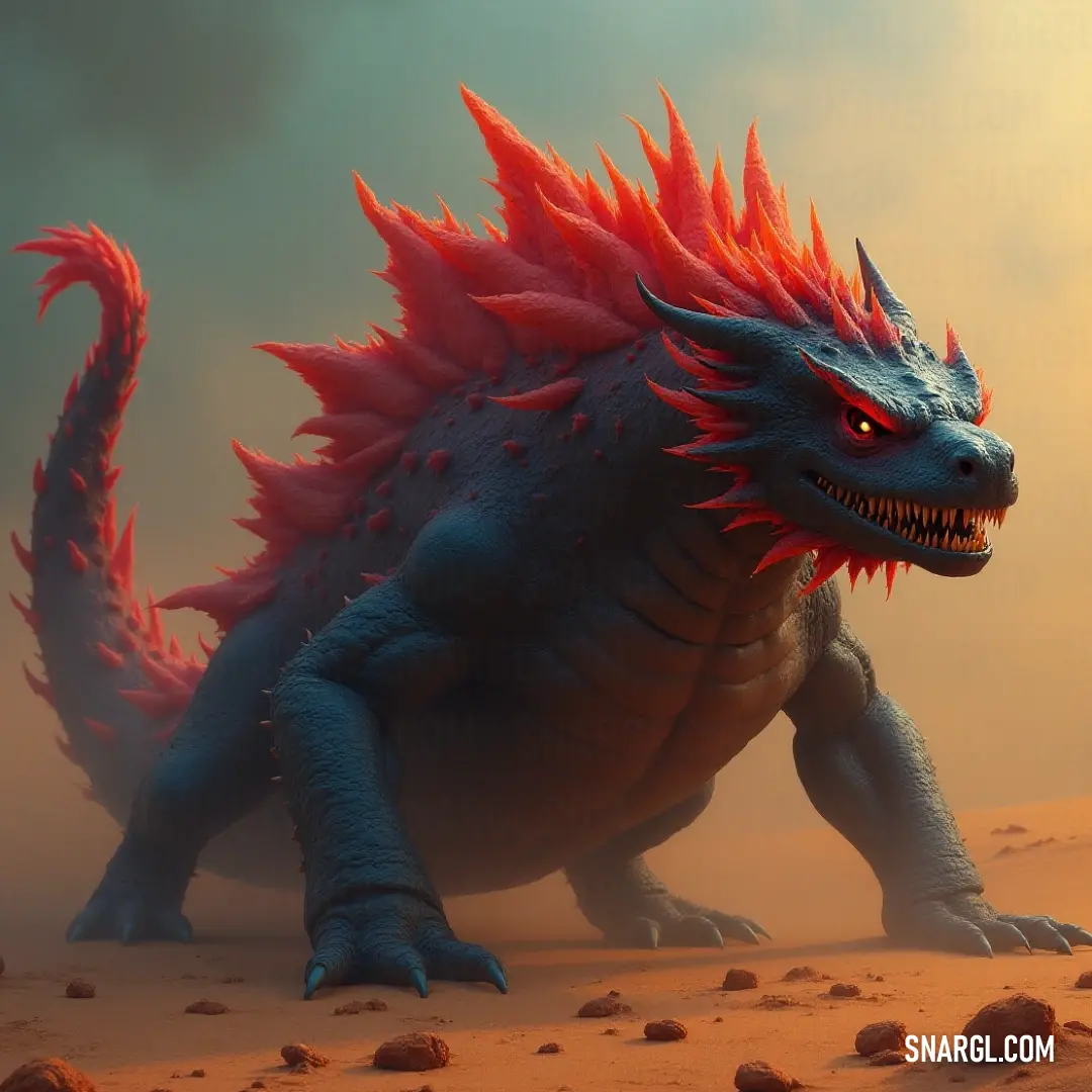 Striking Large blue and red Molten Beast with intense red eyes and sharp spikes, fiercely standing amid a backdrop of molten landscapes and glowing embers. Majestic Large blue and red Molten Beast, marked by expressive red eyes and serrated spikes, stands boldly, enveloped by an aura of molten lava and flames in a dramatic display.