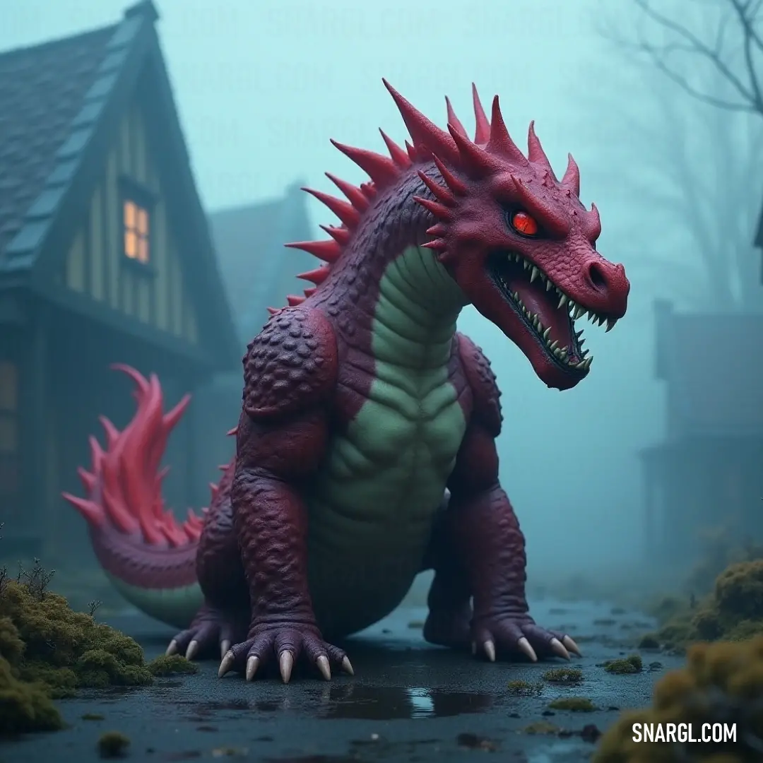 The enchanting Red Molten Drake statue rests on a wet surface before a cozy house with foggy windows and a vibrant red roof. The enchanting Red Molten Drake statue rests on a glossy wet surface, set against a cozy house with foggy windows and a vibrant red roof. The delicate play of reflections enhances the mystique of this captivating figure nestled in its charming environment