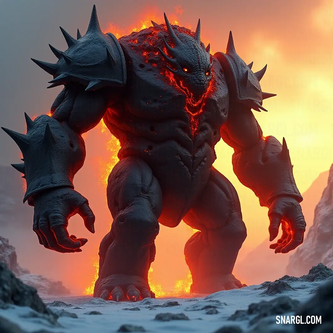 The striking Demonic Molten Golem captures the essence of duality, its fiery core blazing against the cold snowy expanse, as the sun casts a brilliant light upon its fierce form, an embodiment of nature's fierce contrasts. Standing boldly in a pristine snowy landscape, the Demonic Molten Golem emanates an otherworldly glow from within, with a bright sun illuminating its fierce silhouette against the backdrop of majestic mountains, a fusion of heat and ice.