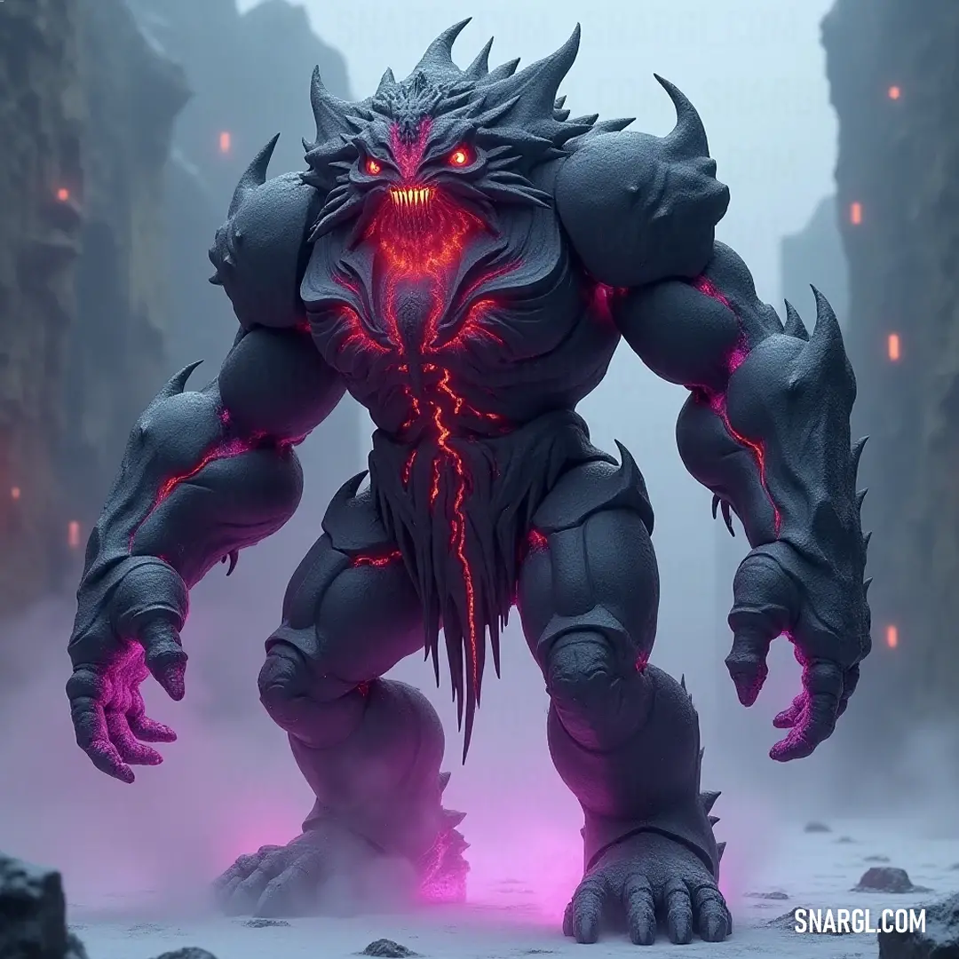 Ominous Demonic Molten Golem cloaked in fog, eyes glowing eerily amidst rocky terrain. A stunning Demonic Molten Golem, its eyes glowing ominously red, stands amidst a foggy terrain riddled with boulders, radiating an otherworldly aura that hints at ancient powers and untamed forces.