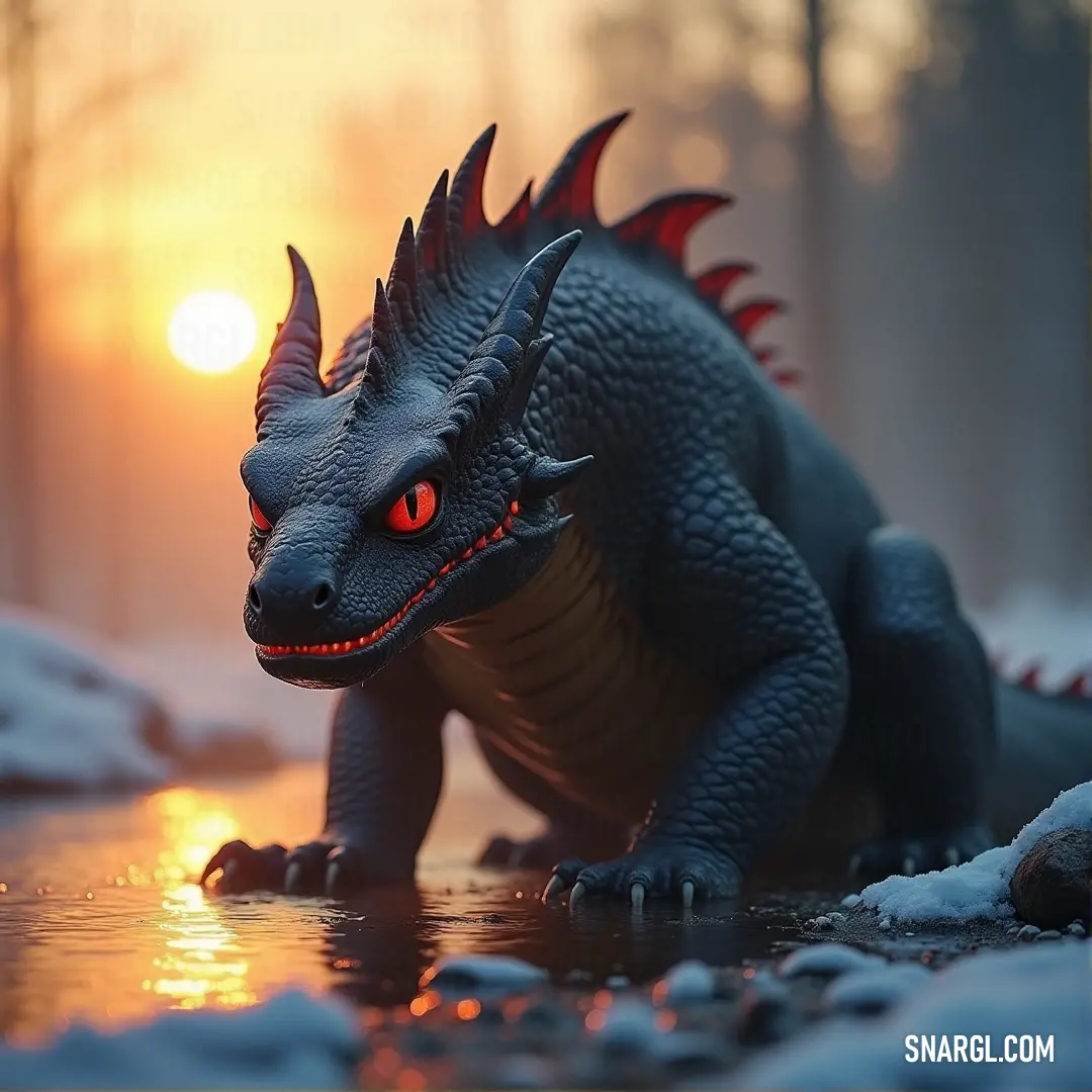 A toy Molten Wyrm in the snow at sunset or dawn, its glowing form standing out against the frosty landscape. A toy Molten Wyrm stands in the snow, its glowing molten body creating a striking contrast against the soft, wintry landscape. The delicate snowflakes falling around it only emphasize the intensity of the Wyrm's fiery presence in the cold environment.