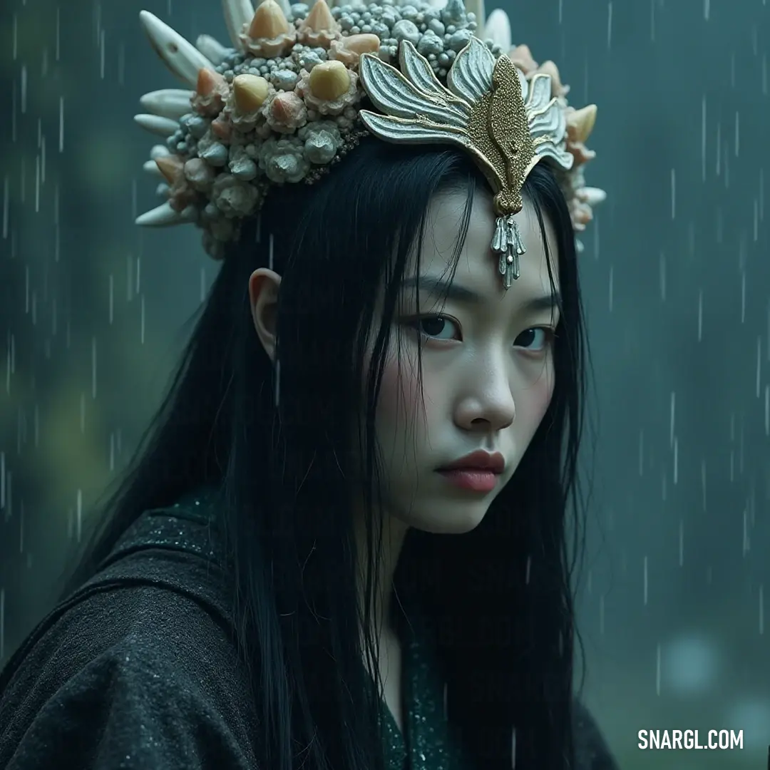 A radiant young girl dons her crown with pride as rain softly descends around her, embodying joy and innocence amidst the mesmerizing harmony of nature's beauty. A striking scene captures a young girl, crowned and radiant, standing beneath a soft, cascading rain shower, her expression one of joy and wonder as the droplets dance around her amidst a dreamy backdrop of lush greenery.