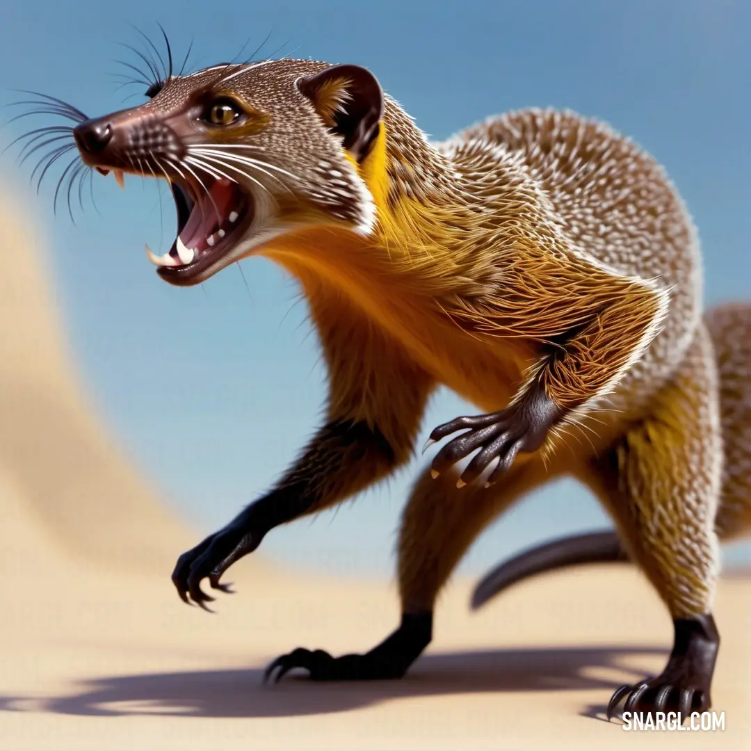A playful mongoose with its mouth open, standing tall and focused, its sleek fur gleaming as it surveys the surrounding landscape with keen eyes. A small mongoose with its mouth slightly open, revealing its sharp teeth, as it stands alert and inquisitive, its glossy fur shimmering under the sun in the midst of the wild.