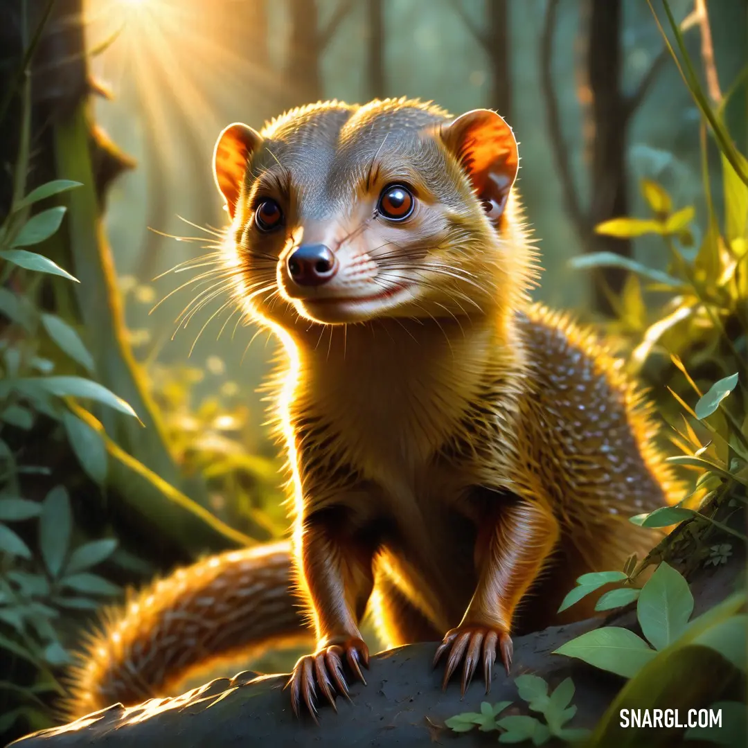 A small mongoose sits on a weathered log in the heart of a sun-dappled forest. Sunlight filters through the thick canopy of trees, casting soft rays across the forest floor.