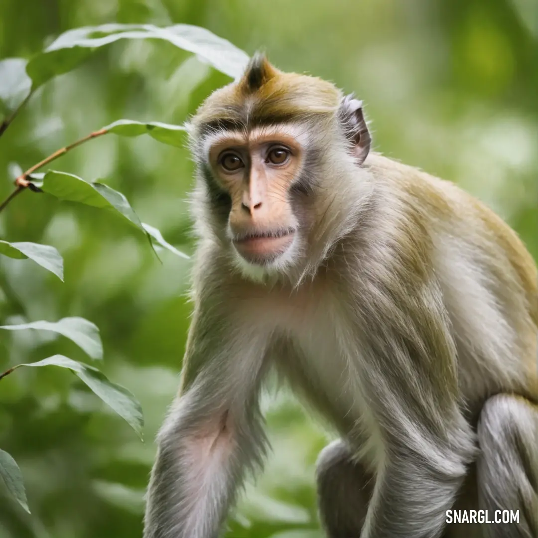 Monkey is on a tree branch and looking at the camera with a sad look on his face