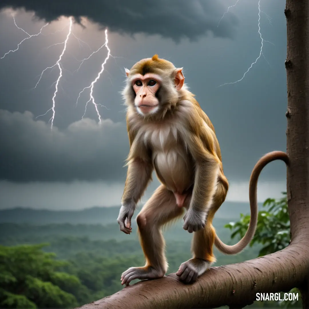 Monkey is standing on a branch with a lightning in the background