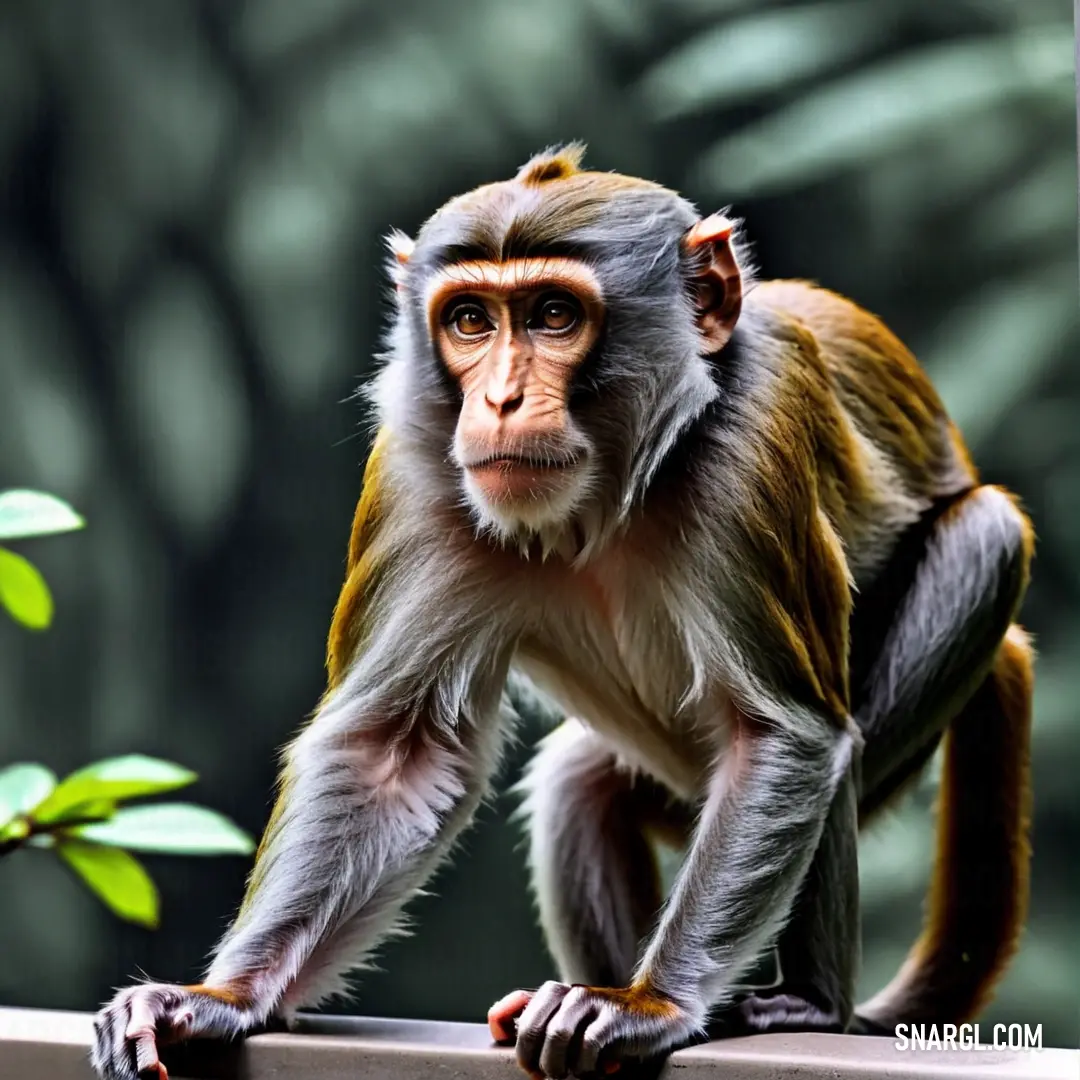 Monkey is standing on a ledge and looking at the camera with a blurry background