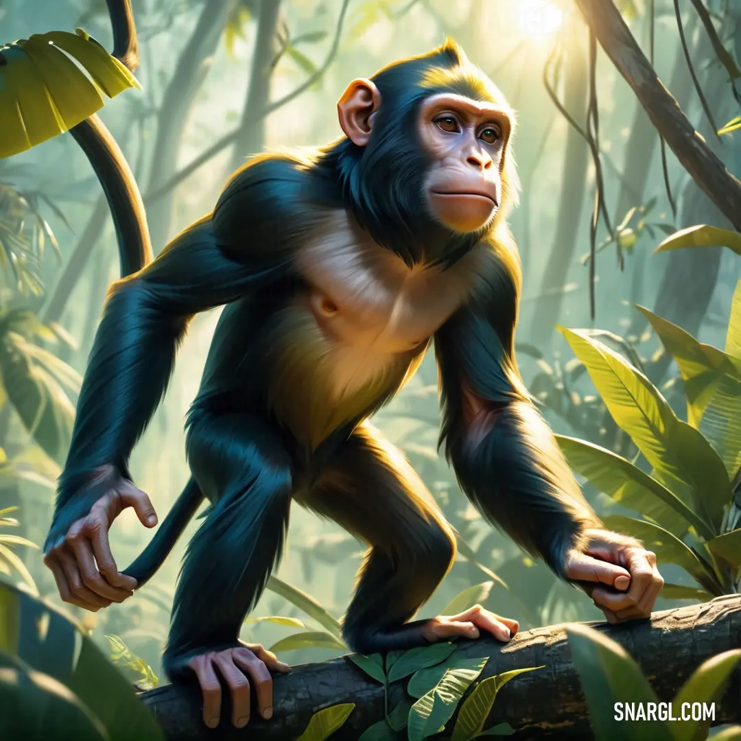 Monkey is standing on a tree branch in the jungle with sunlight shining through the trees and leaves on the ground