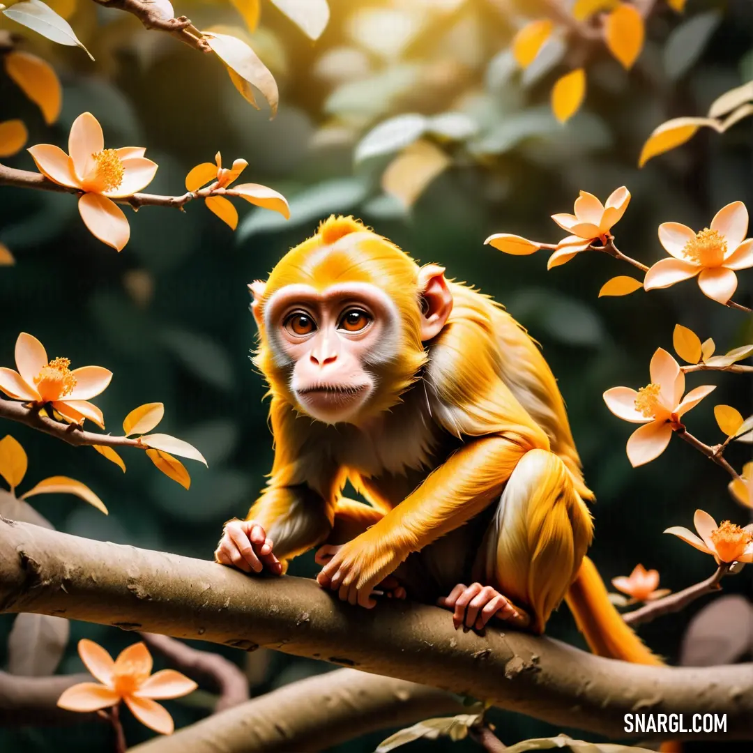 Monkey on a branch with flowers in the background