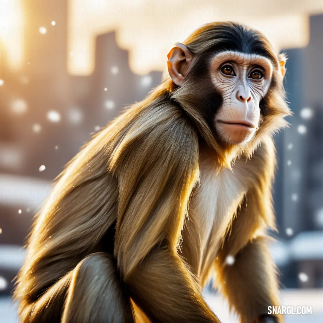 Monkey on a ledge in the snow with a city in the background