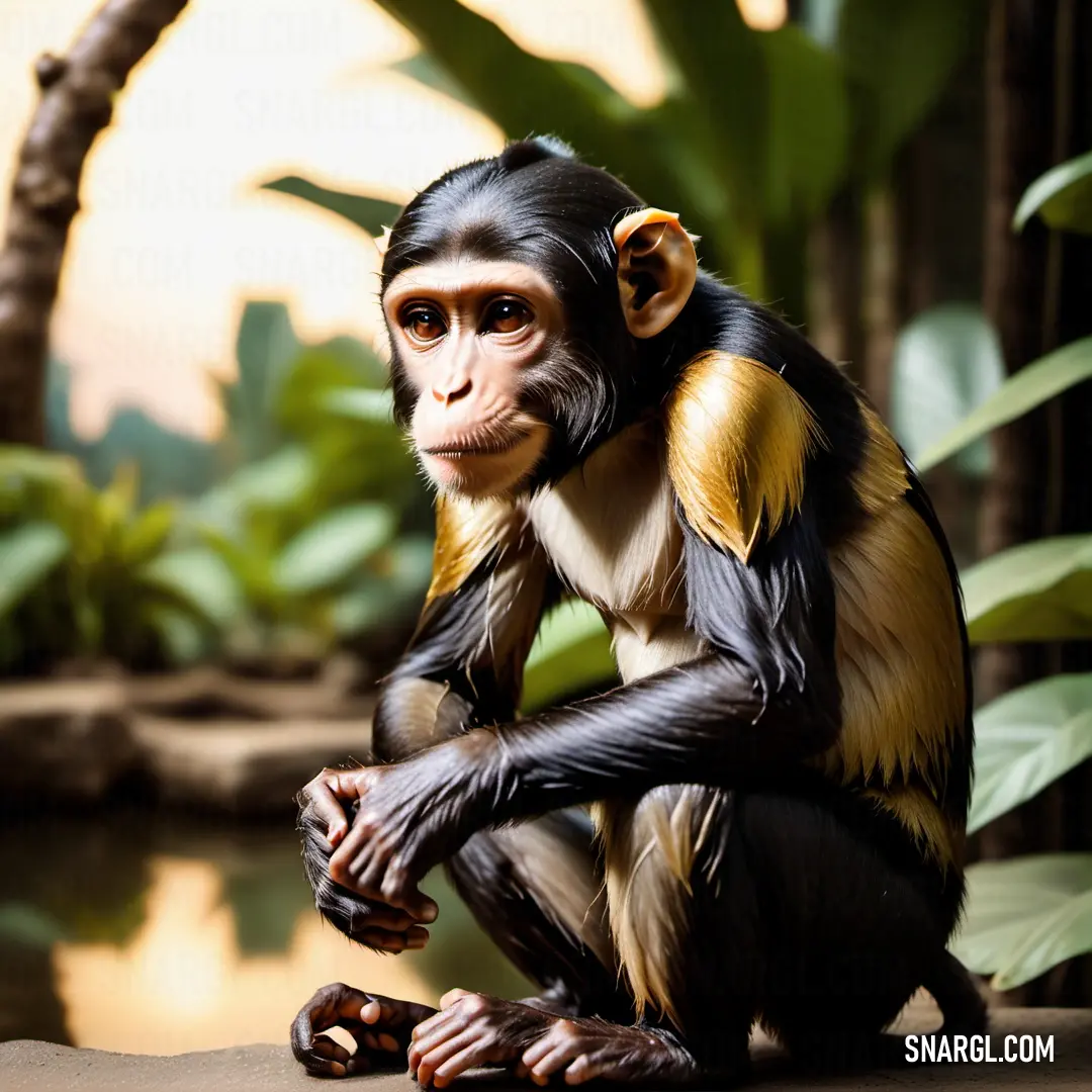 Monkey on a rock in front of a pond and palm trees in the background