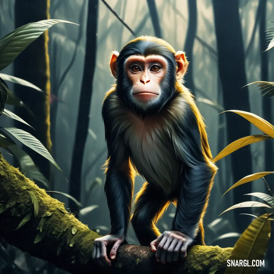 Monkey on a tree branch in the jungle with leaves around it and a background