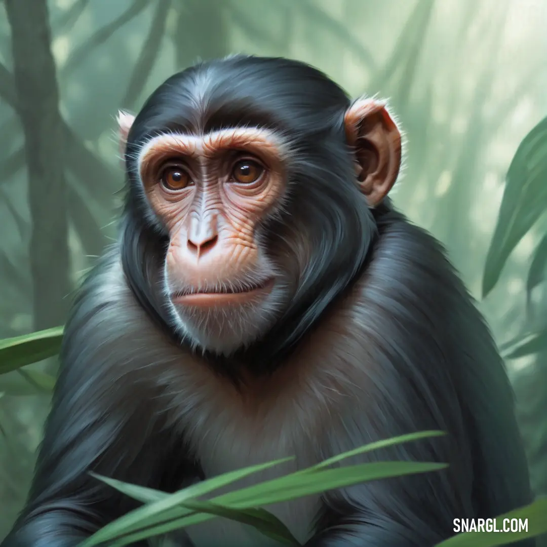 Monkey with a long neck and a brown face in a jungle area with green leaves and grass