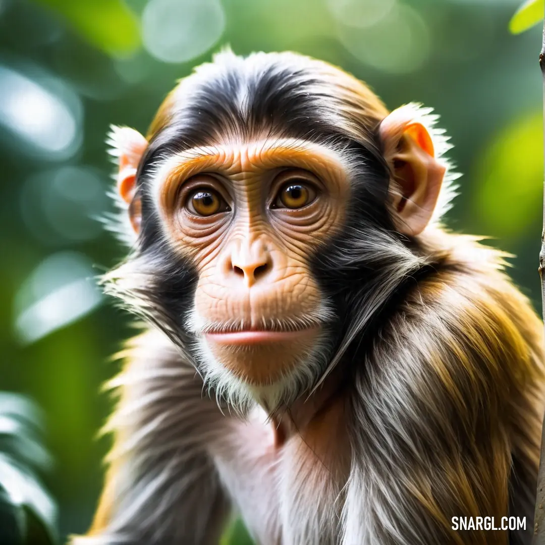 Monkey with a long tail and a brown face is on a tree branch and looking at the camera