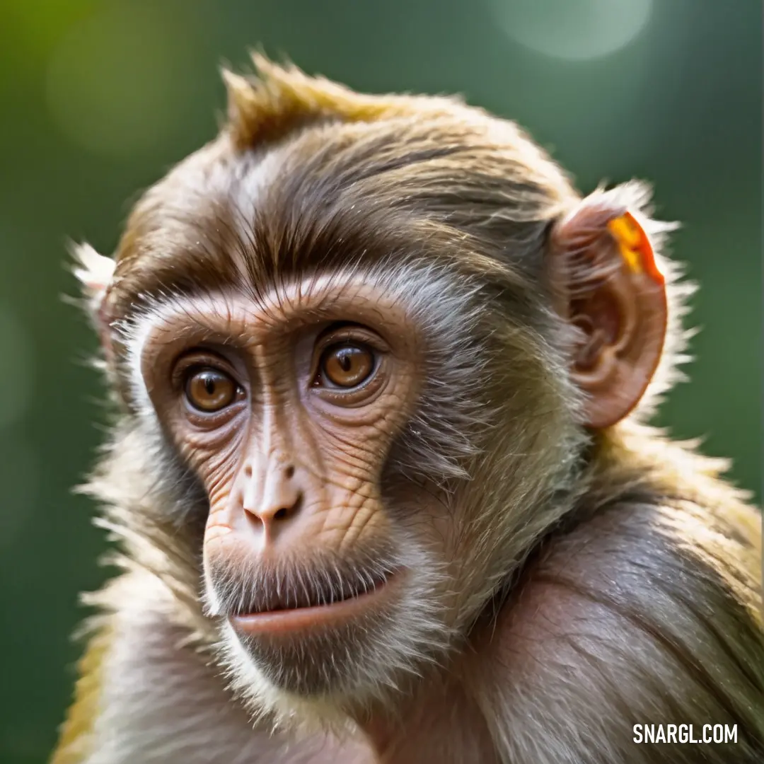 Monkey with a yellow tag on its ear looking at the camera with a blurry background