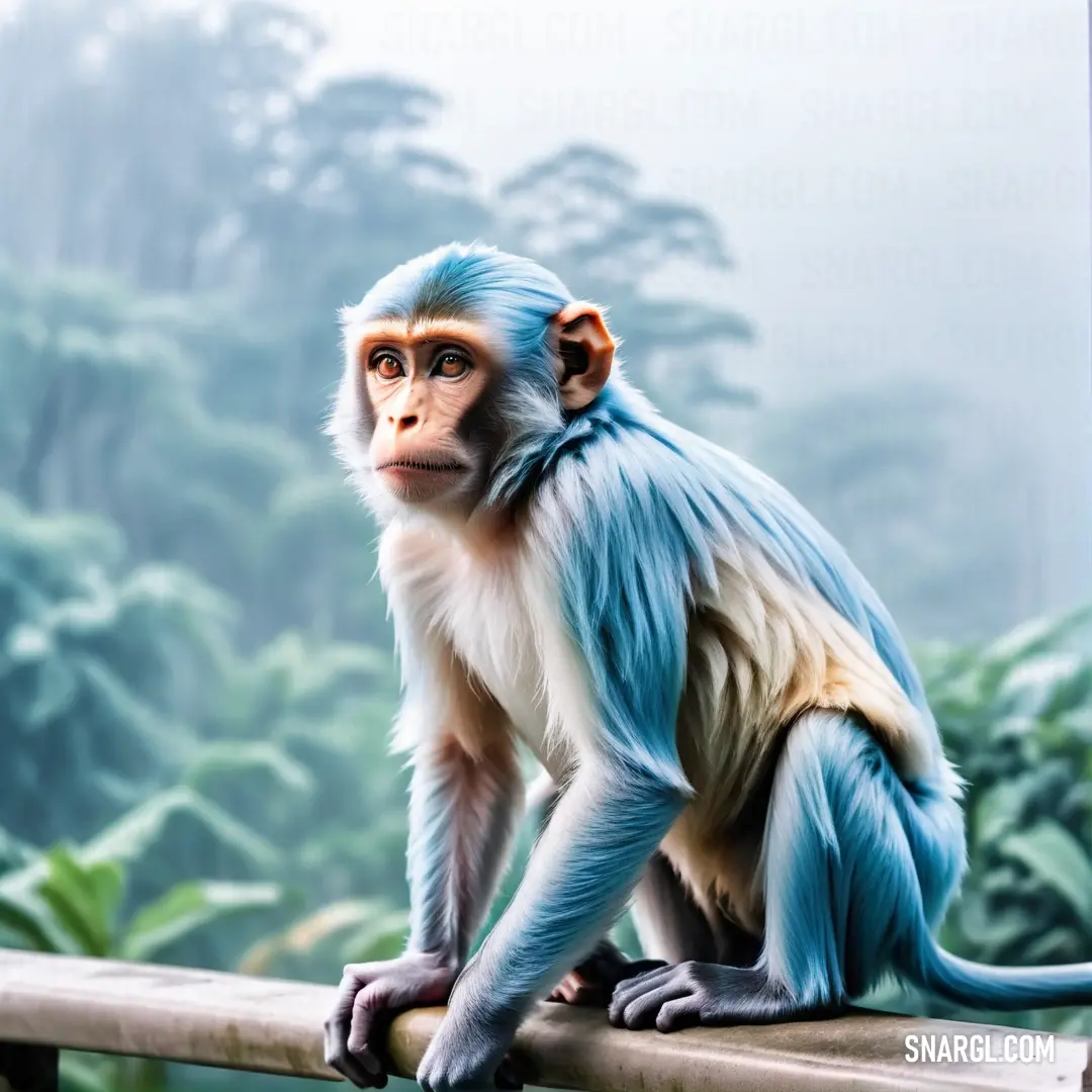 Monkey with blue hair on a ledge in front of a forest of trees and bushes