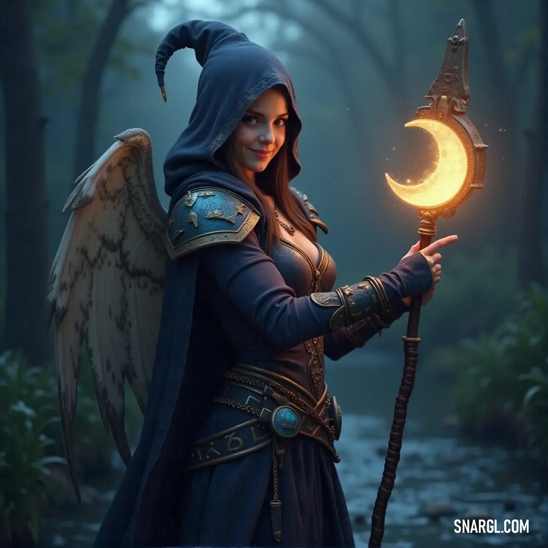 A Moon Enchanter in a mystical forest holds a glowing orb and crescent-shaped staff, bathed in moonlight. A Moon Enchanter, cloaked in enchanting garb, holds a glowing orb aloft in a mystical forest. The crescent moon casts a soft glow on the scene, as the air shimmers with the enchantress’s magic and the light from her crescent-shaped staff.