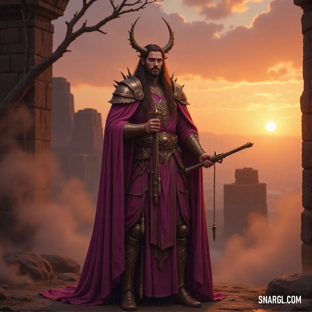 Moon Priest dressed in purple with horns, holding a staff under the light of the moon. A Moon Priest stands tall, adorned in a regal purple robe with horns crowning his head. Holding a staff, he exudes mystical power, his presence illuminated by the glowing moon above.