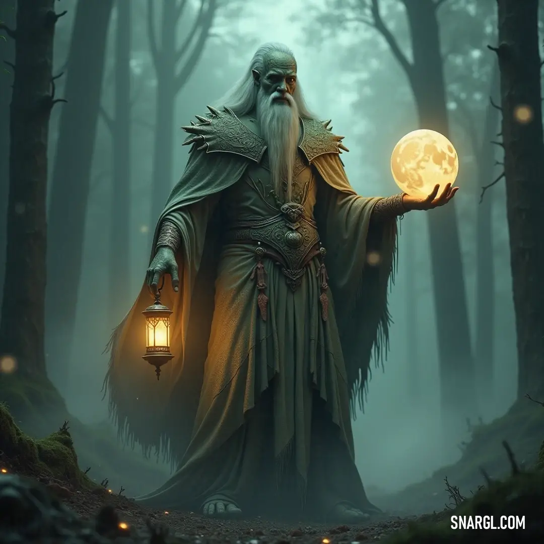 A wizard holding a glowing lantern in the depths of a dark forest, with the full moon above, illuminating the scene with an ethereal glow. A wizard, cloaked in dark robes, holds a glowing lantern high in a dark forest, with the full moon shining brightly above, casting eerie light through the trees.