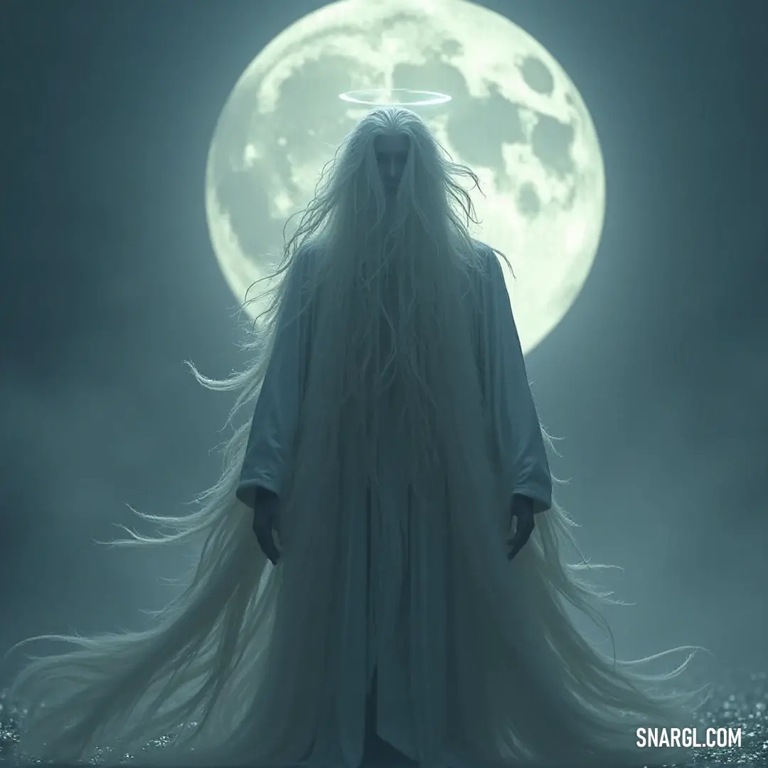 The Moon Priest, adorned in a flowing white robe, stands poignantly in front of a brilliant full moon, his long hair flowing freely, capturing the essence of the mystical and serene ambiance of the night.