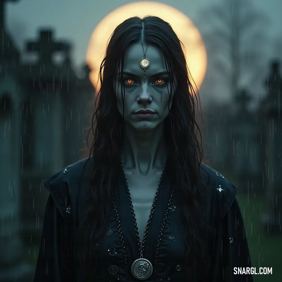 A mystical Moon Priest in a cemetery bathed in moonlight, showcasing long hair and spellbinding makeup, evoking a sense of reverence and enchantment beneath the full moon's glow. A Moon Priest, adorned with intricate makeup and long hair, standing solemnly in a dark, eerie cemetery as a radiant full moon casts an enchanting glow, creating a haunting yet serene ambiance.
