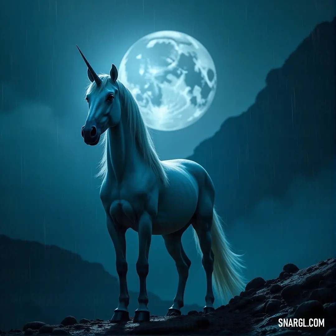 A Moon Unicorn stands majestically on a hill under a full moon, rain falling softly around it. The moonlight casts a soft glow on its white coat, enhancing the magical atmosphere as it gazes into the night, surrounded by a peaceful, rainy night.