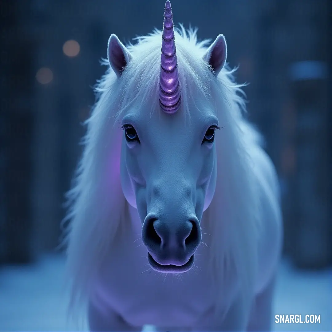Moon Unicorn with a purple mane and a magical blue backdrop A Moon Unicorn with a flowing purple mane stands gracefully against a deep blue background. The vibrant colors around it accentuate its mystical beauty, making it seem as though it belongs to a realm beyond our own.