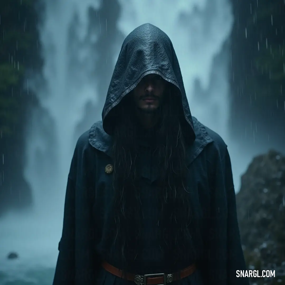 Determined wizard in a hooded jacket, standing before a serene waterfall amidst the gentle rain. A Moon Wizard, clad in a hooded jacket, stands resolute in front of a cascading waterfall, rain pooling around him, as he draws the energy of nature into himself.