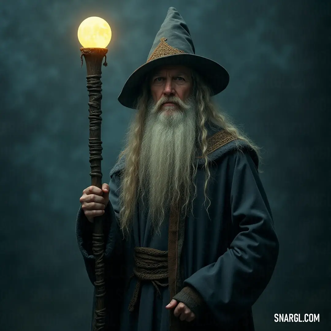 Majestic wizard with a flowing beard, wielding a wand and a glowing bulb, radiating magic and mystery. The Moon Wizard, with a majestic long beard, holds a radiant wand and a glowing light bulb, emphasizing his mastery over magical energies that light up the shadows around him.