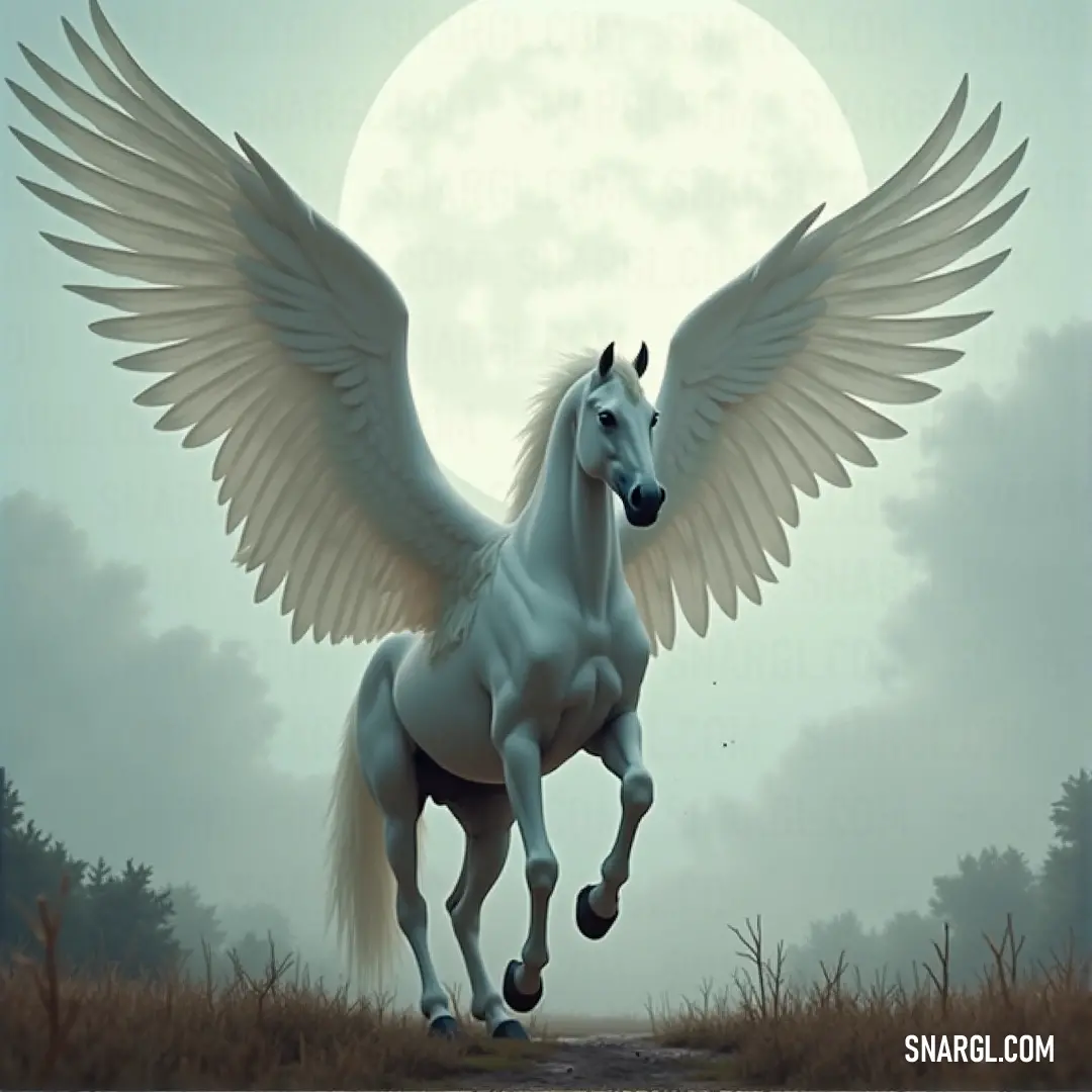A white Moonchaser with wings soaring through tall grass beneath a full moon, creating a magical, otherworldly scene in the night. A graceful white Moonchaser with glowing wings sprints through tall grass, its eyes set on the horizon under a brilliant full moon. The night sky casts a serene glow over the scene, creating an ethereal atmosphere of adventure and mystery.