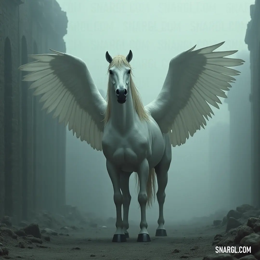 White Moonfeather poised in a fog-enshrouded realm of ancient ruins. Amidst a mystical fog, the White Moonfeather with outstretched wings stands gracefully beside an ancient stone wall, surrounded by towering pillars that tell secrets of a forgotten era.