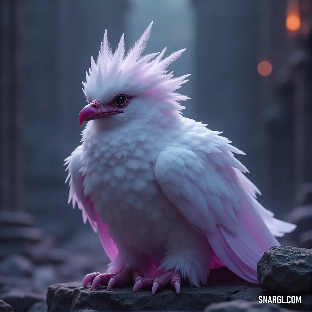 White Moonfeather, with delicate pink feathers, sits atop a rock in a dark room, illuminated by distant lights that add a sense of wonder and mystery. The figure of White Moonfeather, adorned with soft pink feathers, rests on a rock in a dimly lit room. Lights in the background glimmer, casting a soft glow against the dark surroundings.