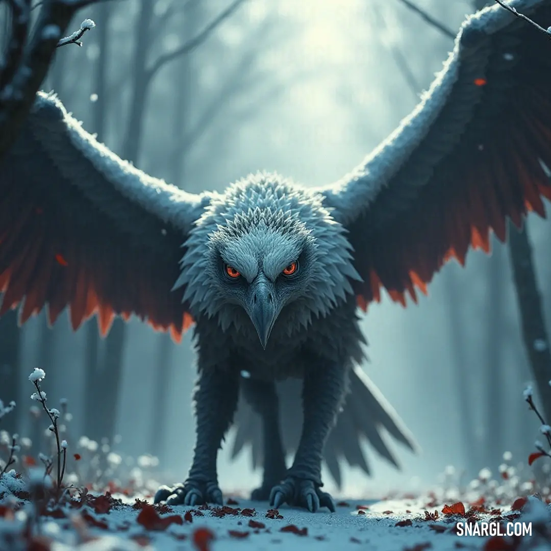 The enigmatic Large Moonfeather captures attention with its radiant red eyes, prominently positioned in a serene forest layered with leaves and branches, shrouded in ethereal fog. A striking Large Moonfeather, with its piercing red eyes, stands poised among the lush forest floor, surrounded by vibrant leaves and twisted branches, evoking a sense of mystique and ancient lore.