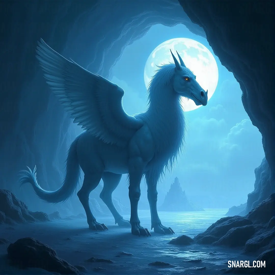 A graceful Moonfire with ethereal wings stands in a cave, its posture regal and serene, as a brilliant full moon lights the darkened cave behind it, casting long shadows and a magical glow over its wings.