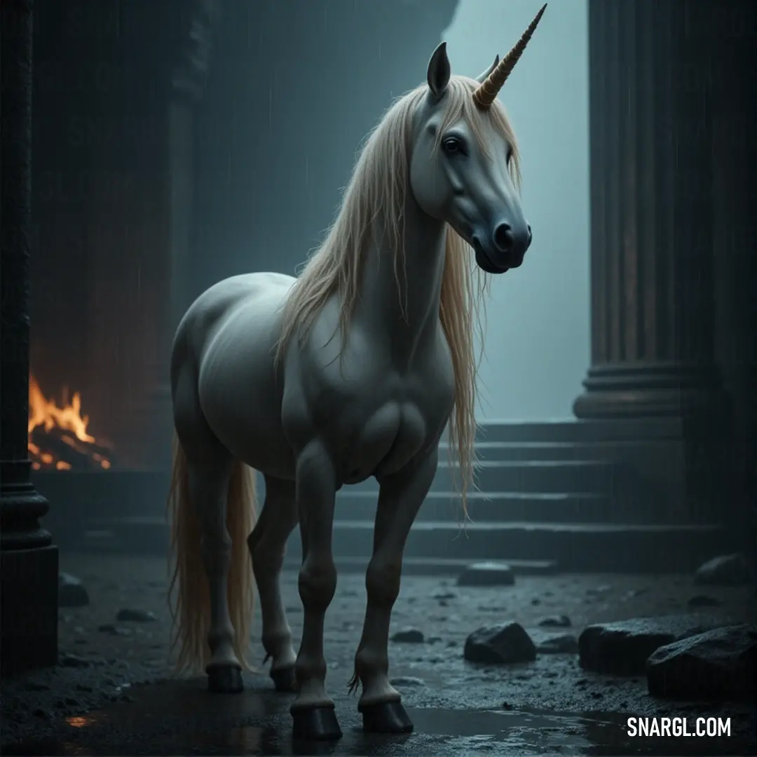 A moonlight unicorn stands in a dark room, bathed in firelight, with shadows from a nearby pillar. A white moonlight unicorn stands proudly in a dark room, its figure illuminated by the soft glow of firelight from a distant flame. The tall pillar beside it casts dramatic shadows, creating a scene filled with intrigue, mystery, and ancient power.