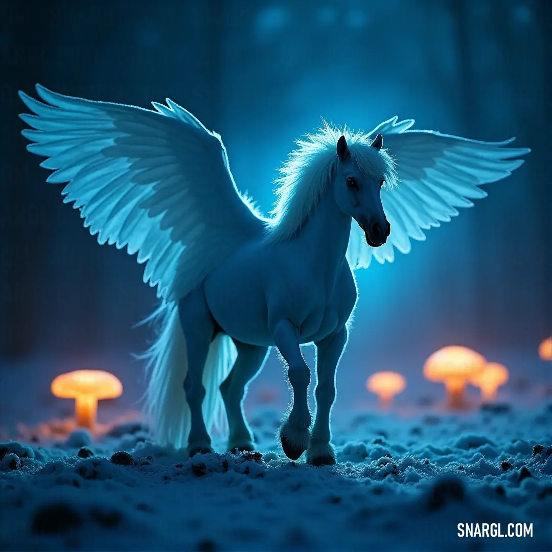 White Moonlight in the snow, its wings spread, surrounded by snow-covered mushrooms and the quiet stillness of winter. A graceful White Moonlight with wings unfurled stands amidst the snow, mushrooms peeking through the frosty ground, creating an enchanting winter scene.