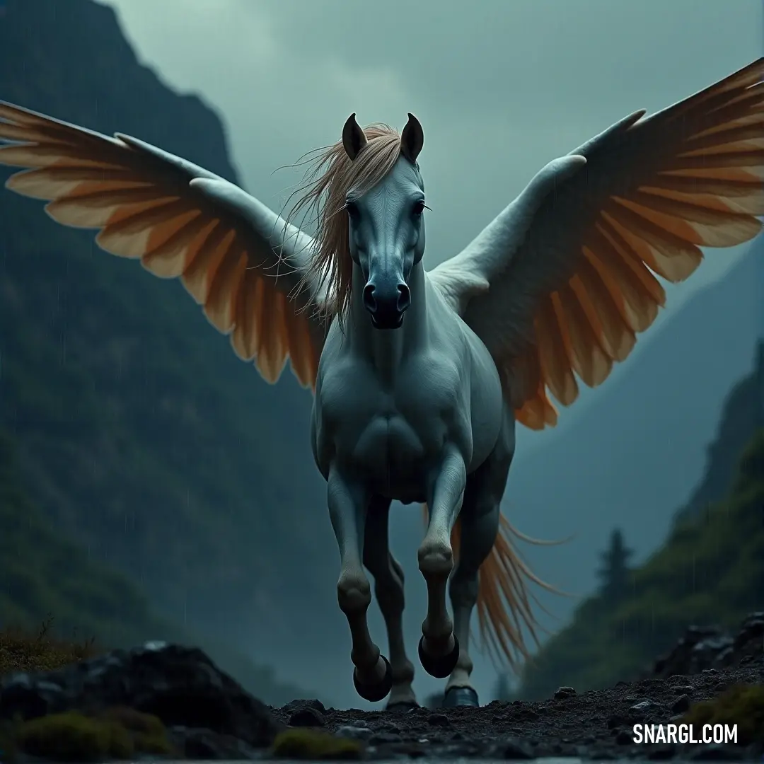 White Moonlight with orange wings runs through a field, with rocky terrain and a mountain backdrop adding to its stunning speed and beauty. A white Moonlight with glowing orange wings races across a grassy field, the rocky terrain and distant mountain backdrop accentuating its graceful speed and power.