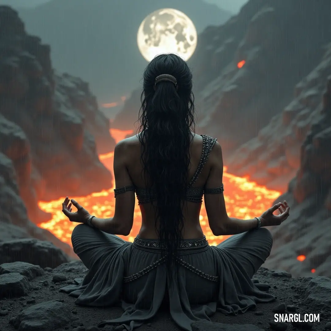 Tranquil Moonlit Sage in Meditation A Moonlit Sage sits gracefully in a meditative lotus position beneath the full moon, surrounded by a dramatic lava landscape, embodying tranquility and wisdom as celestial rocks sparkle in the eerie light.