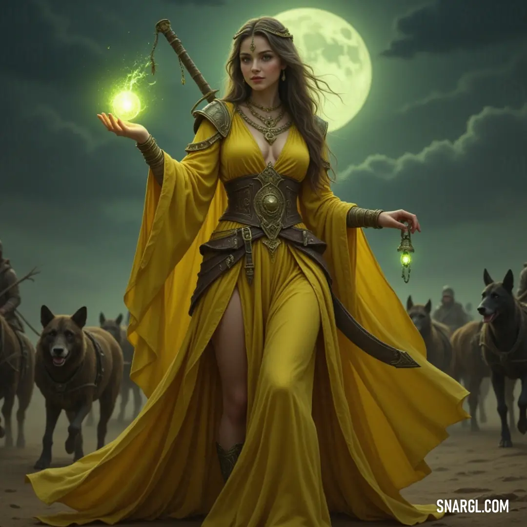 Harmonious Moonlit Sage with Enchanted Horse In a sun-kissed meadow, a Moonlit Sage in a vibrant yellow dress gently cradles a green orb, as a majestic horse grazes nearby, creating an atmosphere of harmony between the mystical and the earthly.