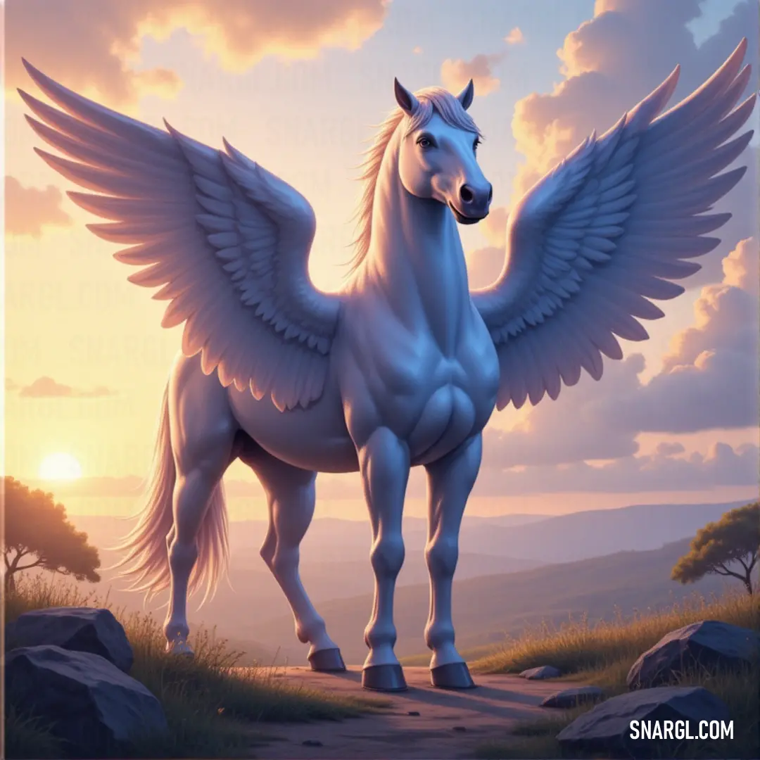 A White Moonshadow with wings stands proudly on a hill at sunset, surrounded by a glowing sky and a peaceful landscape. A White Moonshadow with wings stands tall on a grassy hill, bathed in the warm glow of sunset. The soft colors of the sky frame the creature, highlighting its noble presence against the tranquil landscape.