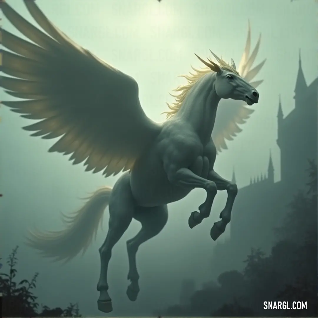 A White Moonshadow with wings soaring in the sky, the silhouette of a distant castle providing a stunning backdrop to its majestic flight. A White Moonshadow with magnificent wings soars high above the clouds, with a grand castle looming in the distance below. The creature’s flight is bold and graceful, framed by a brilliant sky that contrasts with the castle’s towering stone s