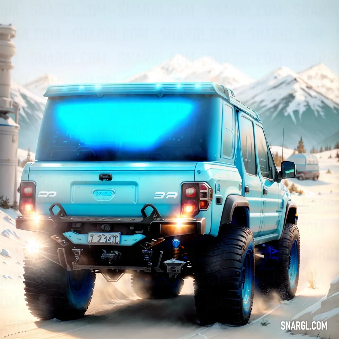 Blue truck driving down a snow covered road next to a mountain range with a blue light on the back