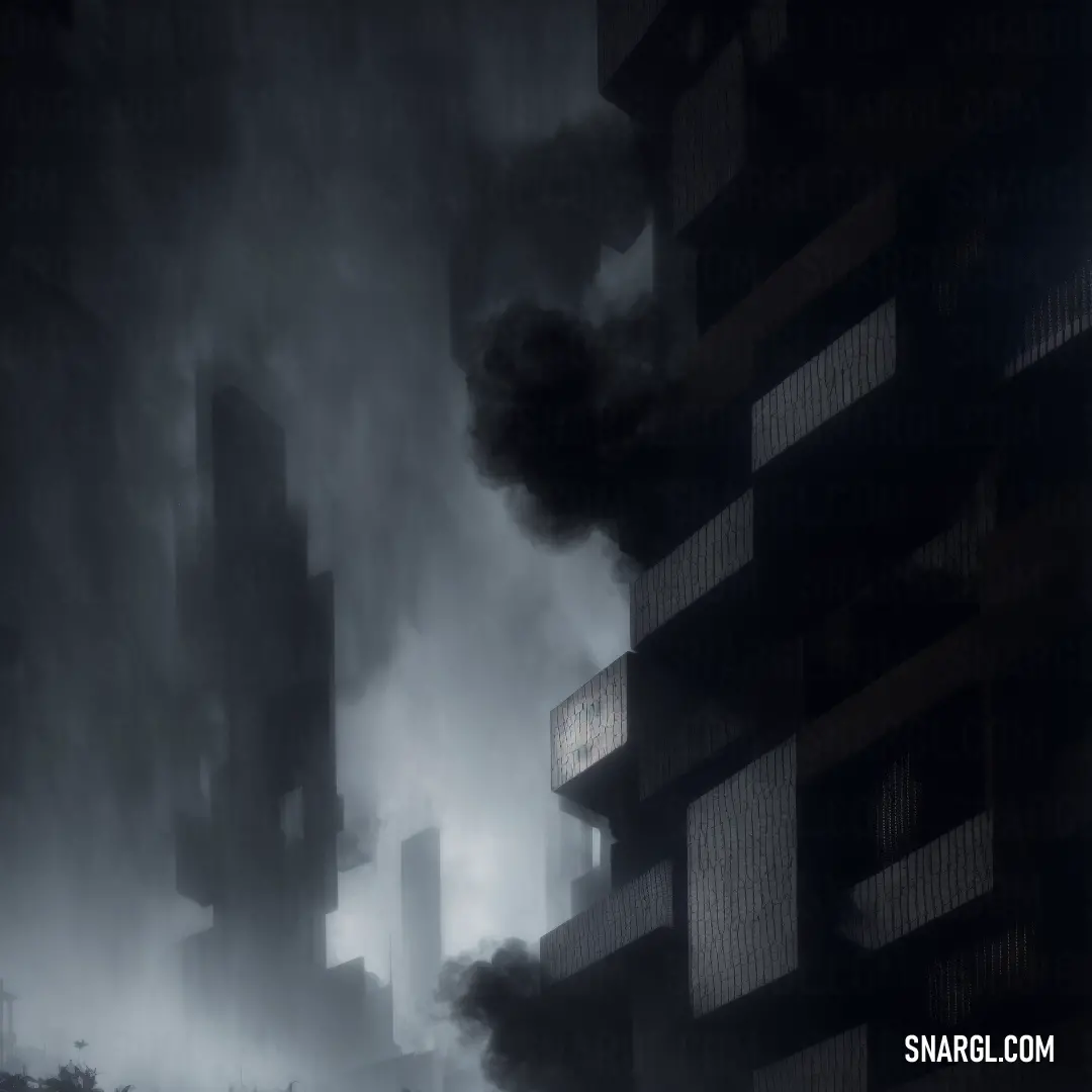 A smoky cityscape where dark smoke billows from the buildings, creating an eerie atmosphere. The dense fog wraps around the towering structures, hinting at an urban environment filled with mystery and tension.