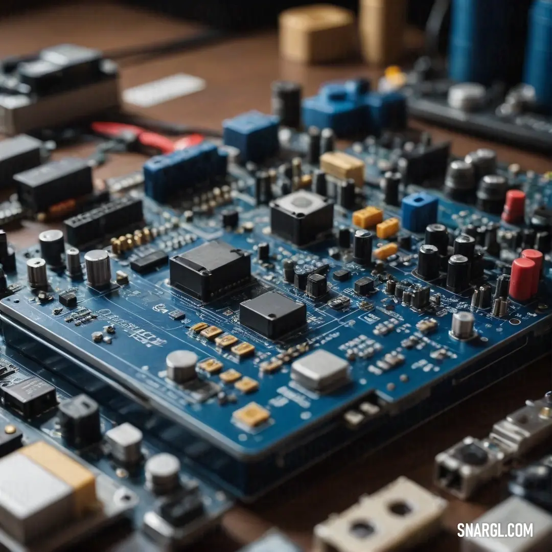 A complex computer board is prominently displayed, revealing numerous components intertwined with a few visible wires. The cool hues reflect a sophisticated technological environment that embodies innovation and creativity.