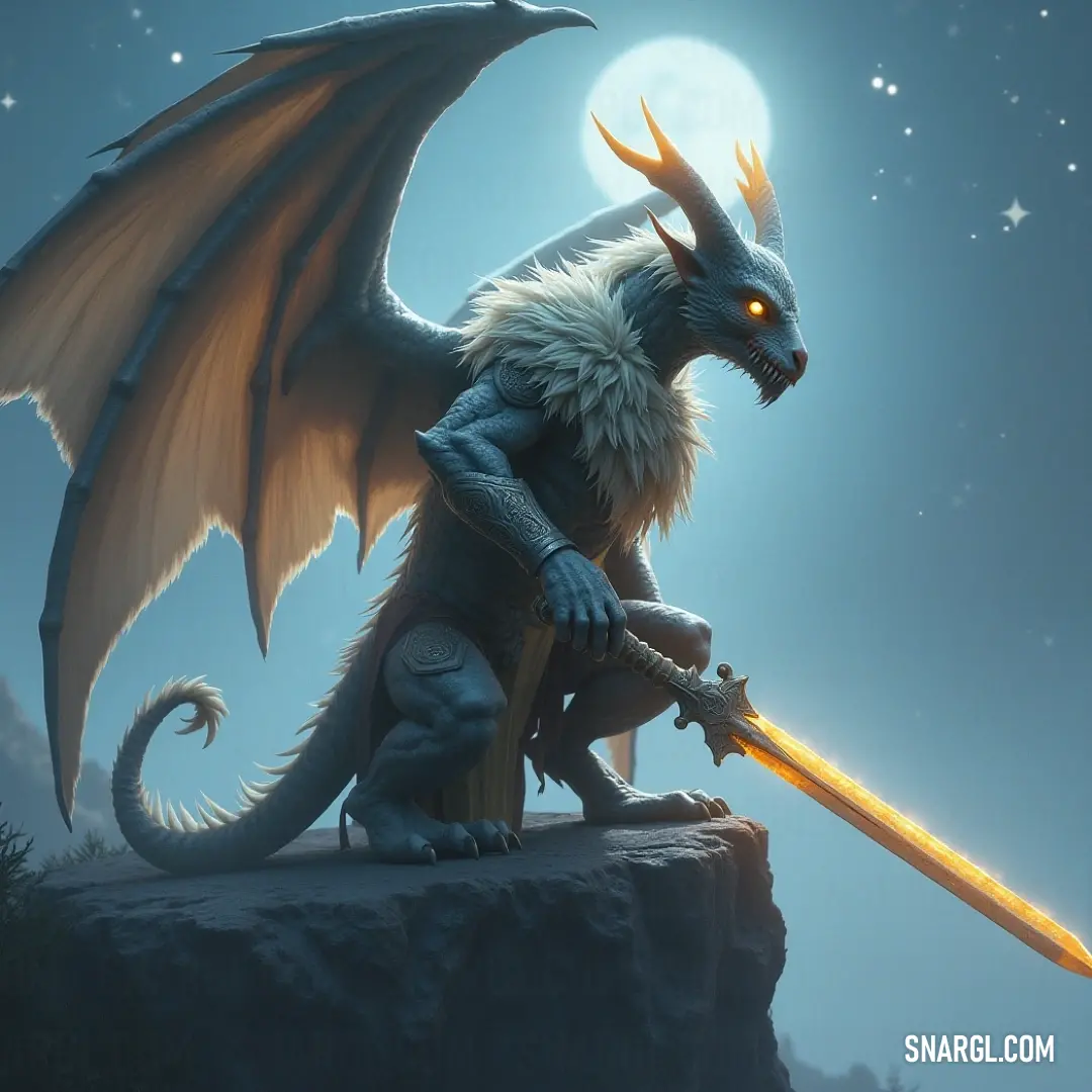 A fierce dragon, armed with a sword, stands atop a jagged rock beneath the moonlight. The dragon's sharp eyes reflect the pale glow, creating a sense of ancient power and untold danger.